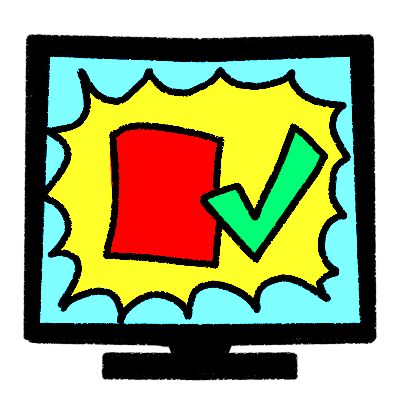 a high contrast symbol of a TV, on which is a yellow spiky bubble that contains a red rectangle next to a checkmark.